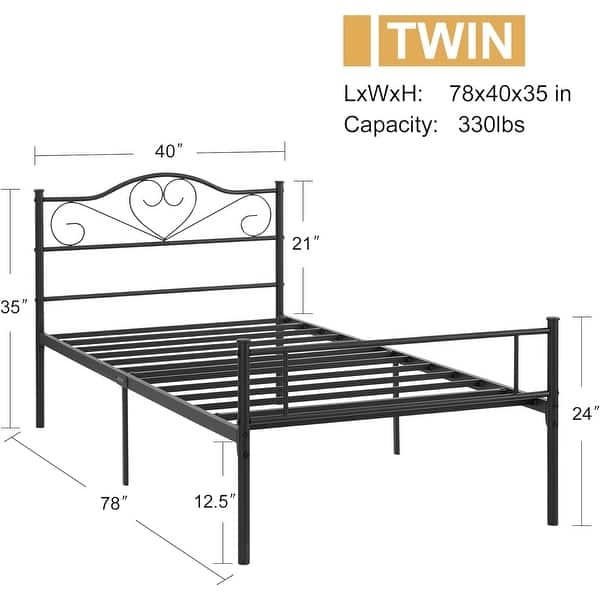 dimension image slide 1 of 4, VECELO Twin Size Metal Bed Frame Set of 2 Victorian Style Kids Beds with Heart Pattern Headboard No Box Spring Needed