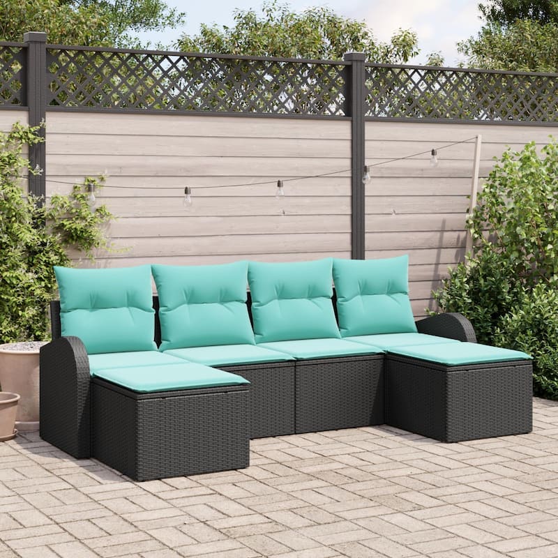 vidaXL 6 Garden Sofa Set with Cushions Black Poly Rattan - 92.1 x 46.1 x 27.2