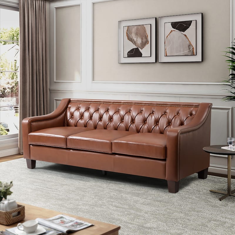 Mateo 82.28" Wide Genuine Leather Sofa with Nailhead Trim - BROWN