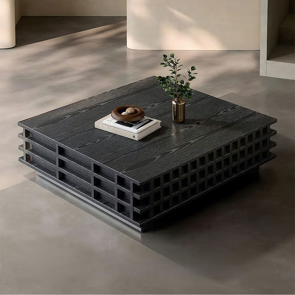 31.5’ Black Multi-Layer Solid Wood Square Coffee Table with 2 Grid Finish Drawers - 7'6" x 10'9"