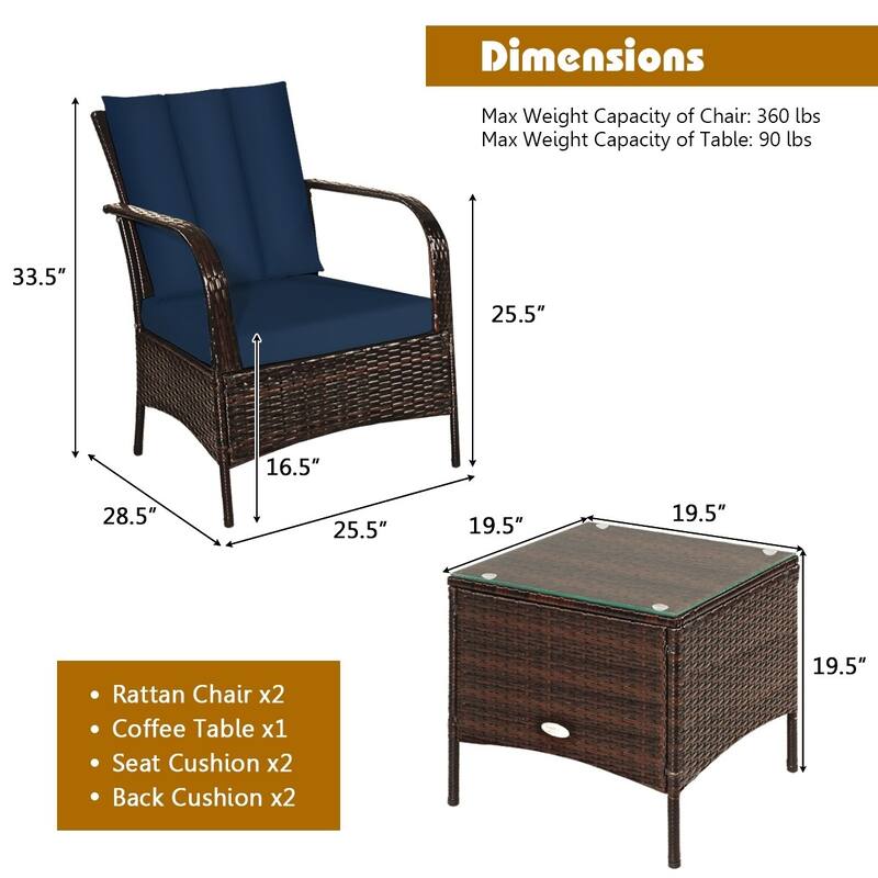 3 Pieces Patio Rattan Conversation Set with Glass Top Coffee Table and Cushions