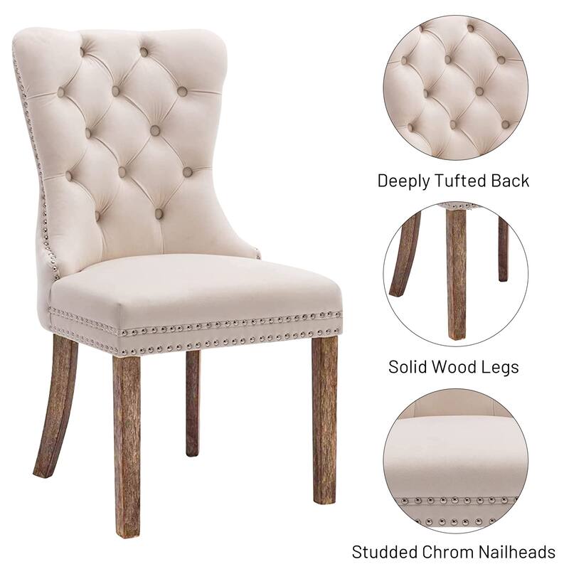 Set of 2 Velvet Dining Chairs – Tufted Upholstered Armless Accent Chairs with Nailhead Trim & Back Ring Pull
