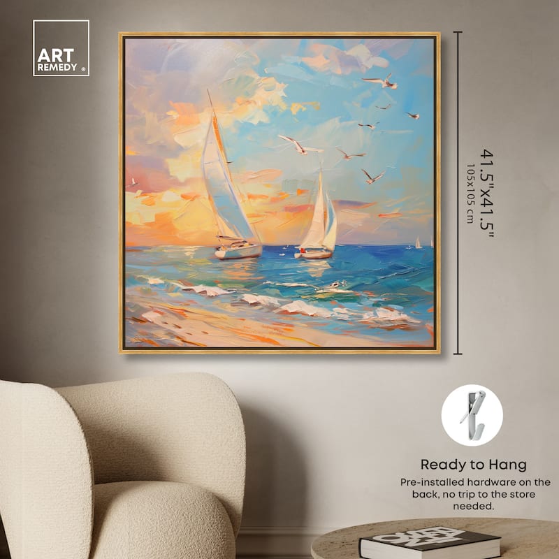Art Remedy Sailboats In The Sunset Framed Sailing 1 Piece Canvas Wall Art