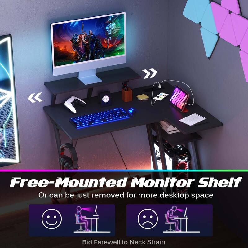 Costway L Shaped Gaming Desk with Outlets & USB Ports Monitor Shelf