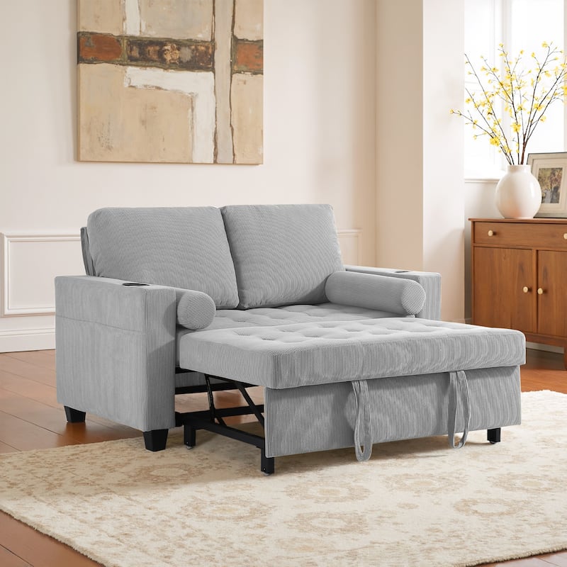 3-in-1 Pull-Out Sleeper Sofa Bed Convertible Adjustable Multi-Functional Loveseat with USB Port - Light Grey