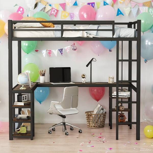 slide 2 of 14, Modern Full Size Metal Loft Bed with Desk and Shelves with Ladder and Guardrails for Bedroom Black