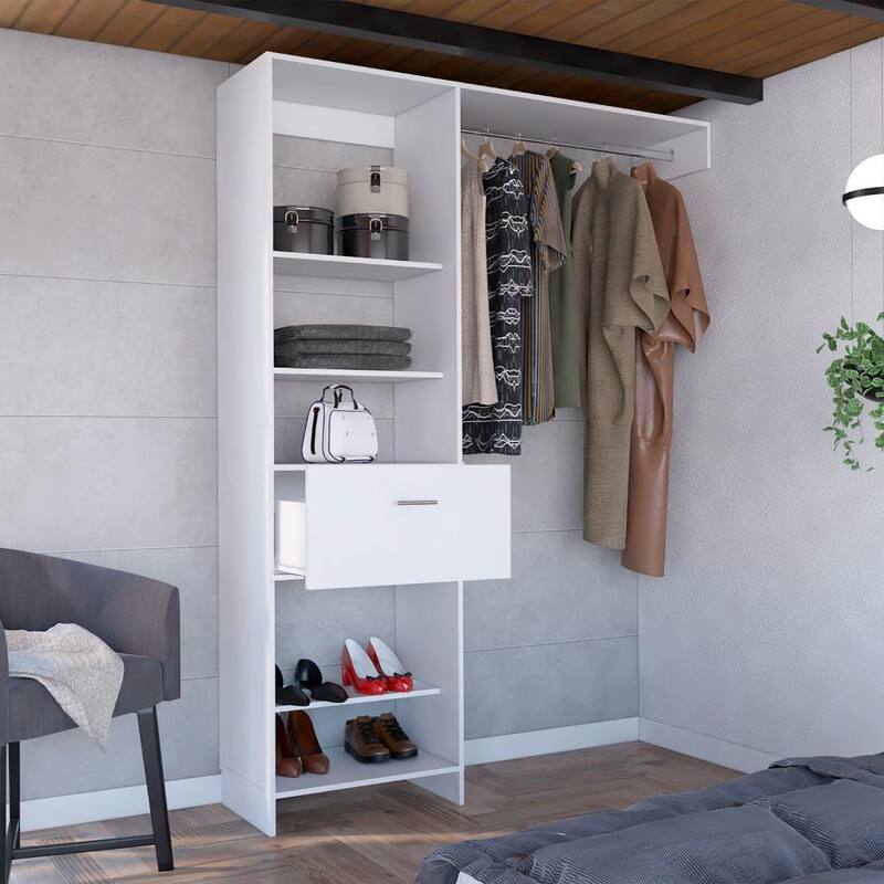 Closet System, Metal Rod, Five Open Shelves, One Drawer