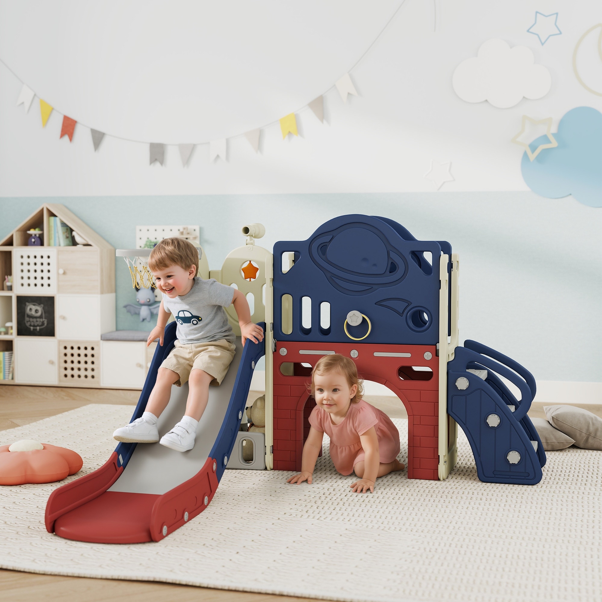 Qaba 8 in 1 Toddler Slide Set, Kids Slide for Toddlers Ages 1-6 with Basketball Hoop and Ball, Ring Toss, Climber, Blue