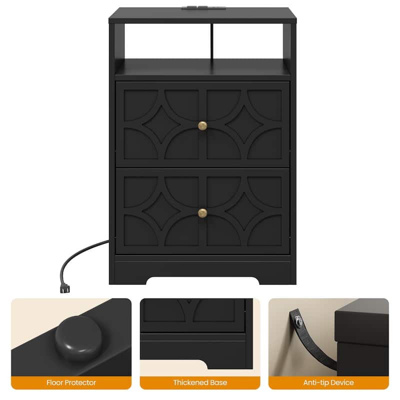 Large Night Stand with 2 Drawers and Charging Station