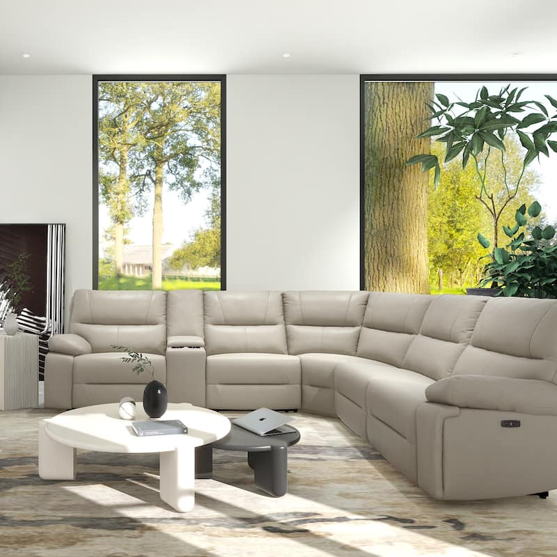 Malibu 130" 6-Piece Leather & Faux Leather Power Reclining Sectional - Cream Taupe Beige
