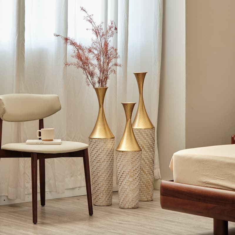Floor metal vase modern decoration home woven pattern metal vase 3-piece set gorgeous home decoration large glazed metal vase