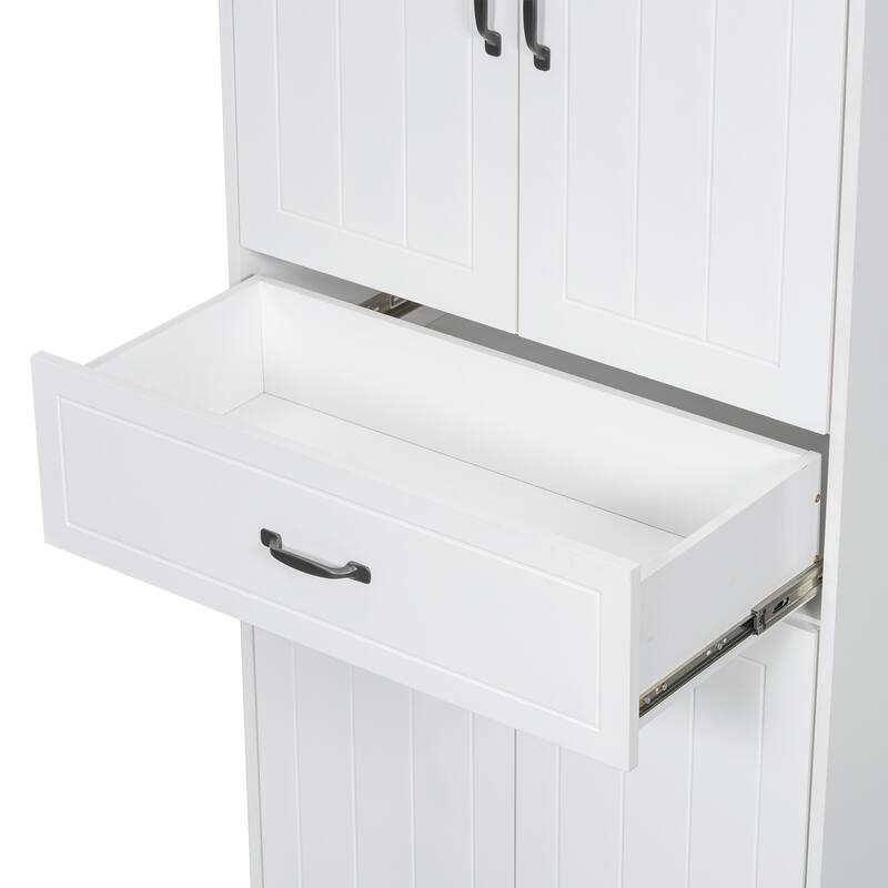 Roomfitters Bathroom Storage Cabinet with Double Laundry Hampers, Doors and Drawer Organizer