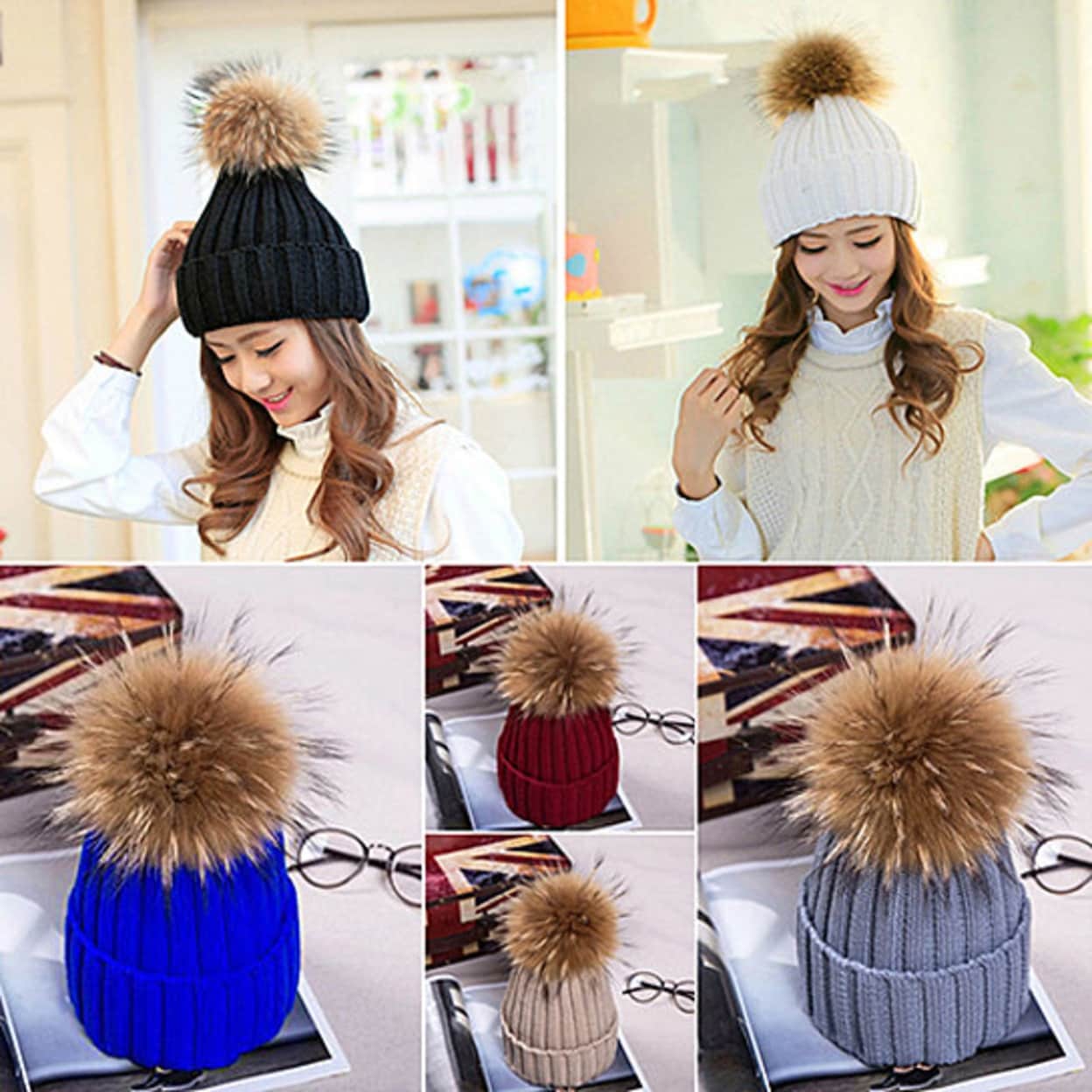 Shop Women Fashion Winter Warm Cute Casual Fur Ball Beanie Knitted