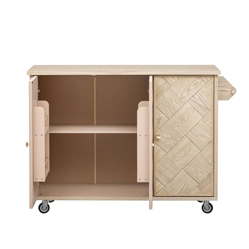 Rolling Kitchen Island with Drop Leaf, Ash Veneer Handwoven Doors, Internal Storage Rack, and Wheels - 51.2" Coastal Design
