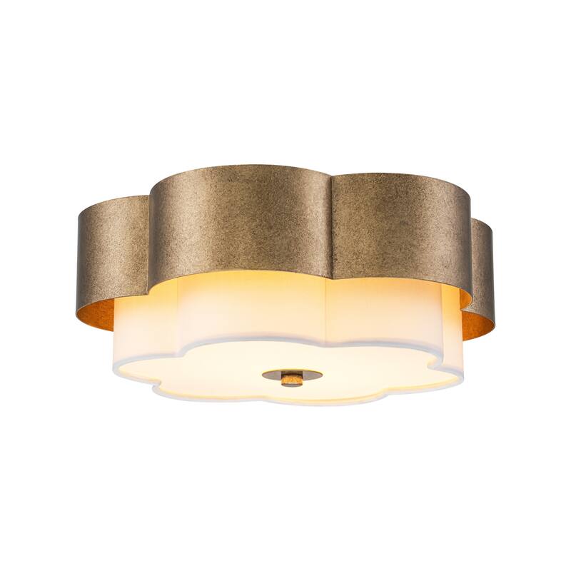13.8" W Mid-Century Modern Tiered Flower/Circluar Drum Ceiling Light in Distressed Stain Gold with White Fabric Shade