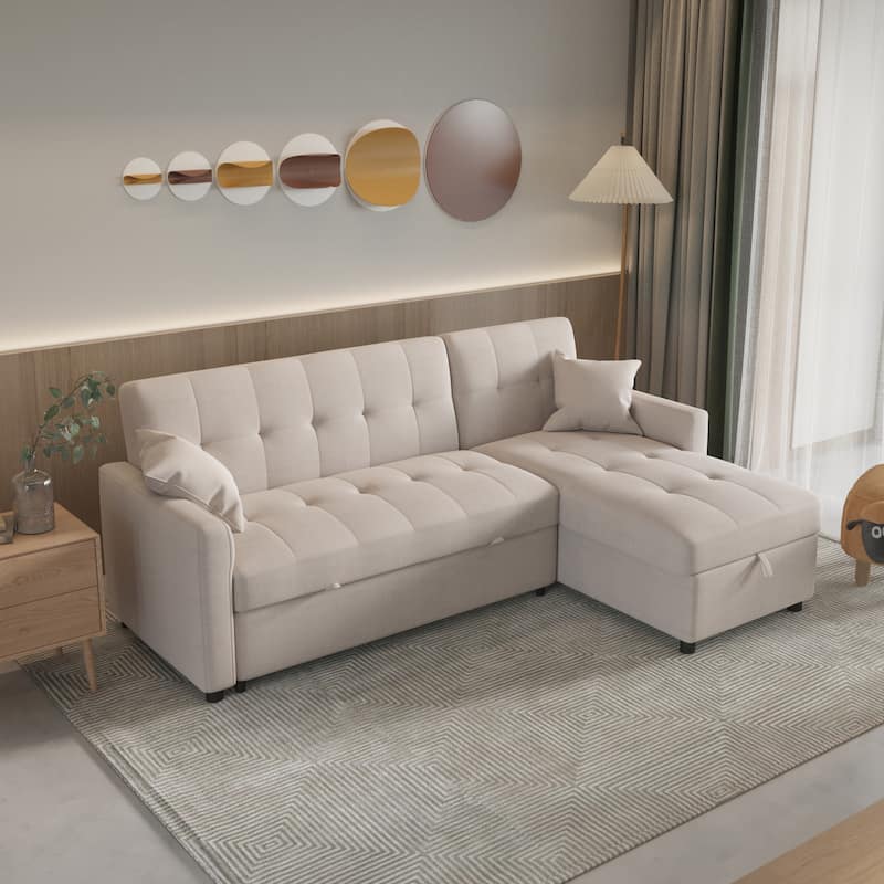 Convertible Linen Sleeper Sofa Couch with Storage Bedroom Futon Loveseat Sofa Bed - Grey