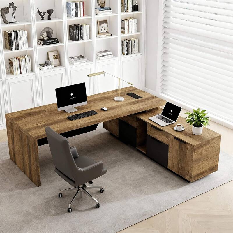 WESOME Retractable L-Shaped Executive Desk with Cable Management Drawers and Lateral File Cabinet