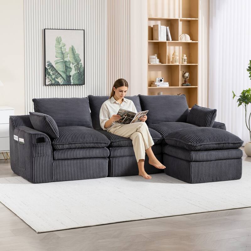 103" L-Shaped Corduroy Boneless Sectional Sofa with Movable Ottoman