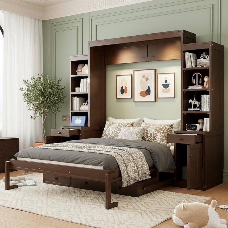 Queen Murphy Bed Cabinet with Fold-Down Desk, Power Hub & Mega Storage System by Harper&Bright Designs
