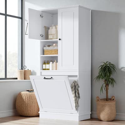 Tall Storage Cabinet with Adjustable Shelves and Flip-Out Basket, MDF Organizer with Enclosed Cabinets & Modern Handles