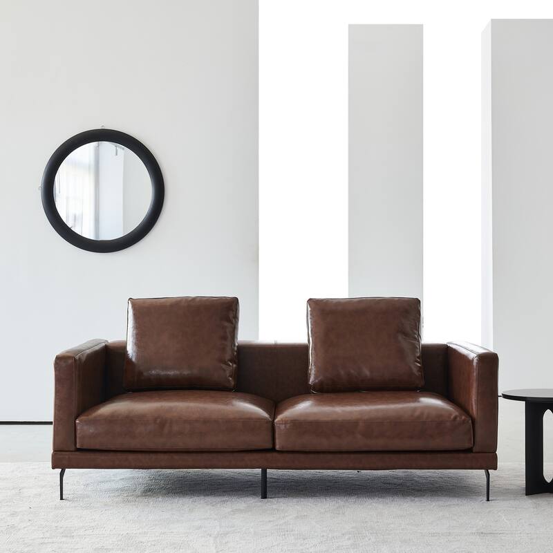 Modern Brown Couch Faux Leather Square Arm Down Filled Sofa - Brown