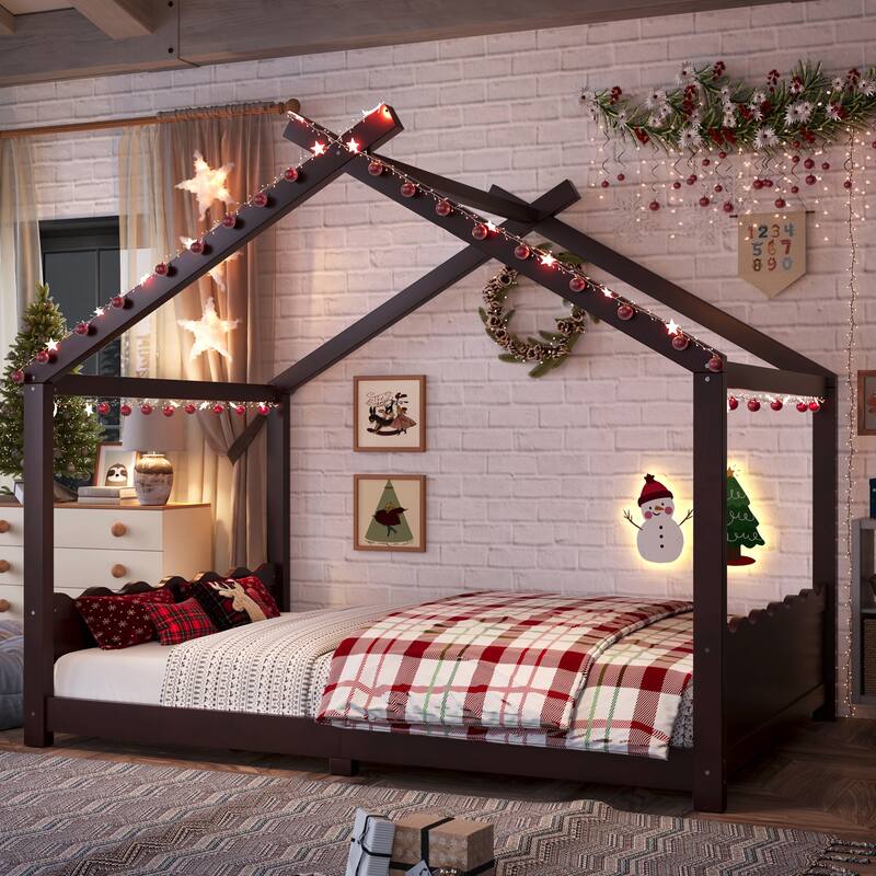 Roomfitters House Floor Bed with Support Slats, Solid Wood Open Frame Design - Espresso - Full