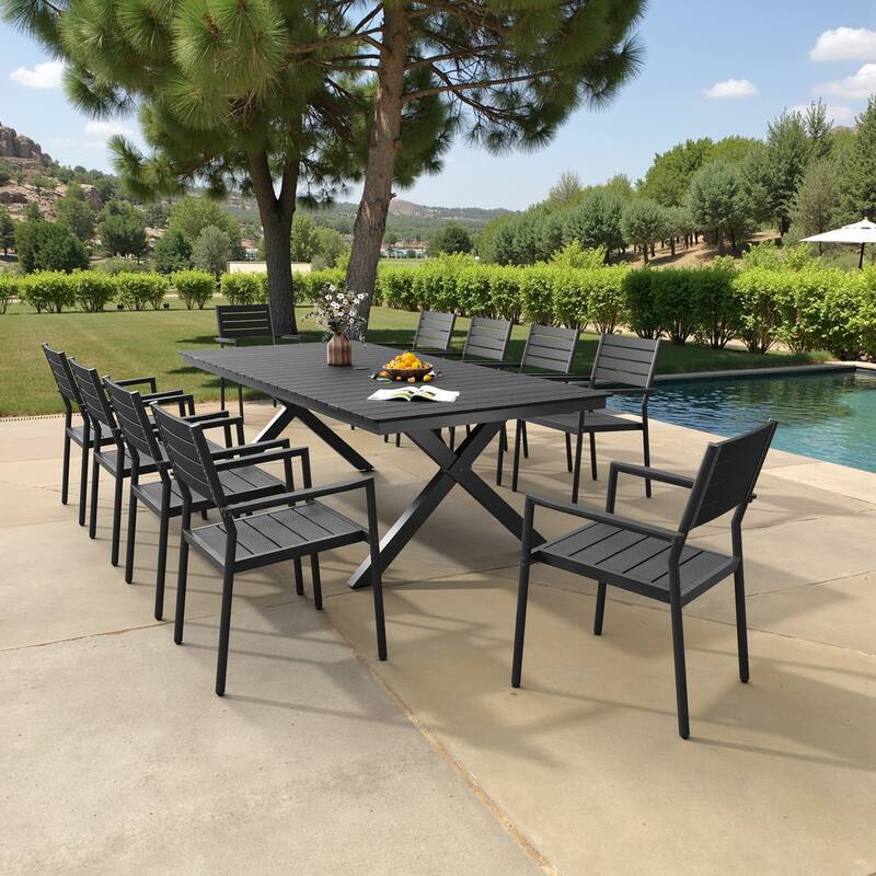 11PC Outdoor Patio Aluminum X-Frame Dining Set Table with Stackable Chairs Umbrella Hole