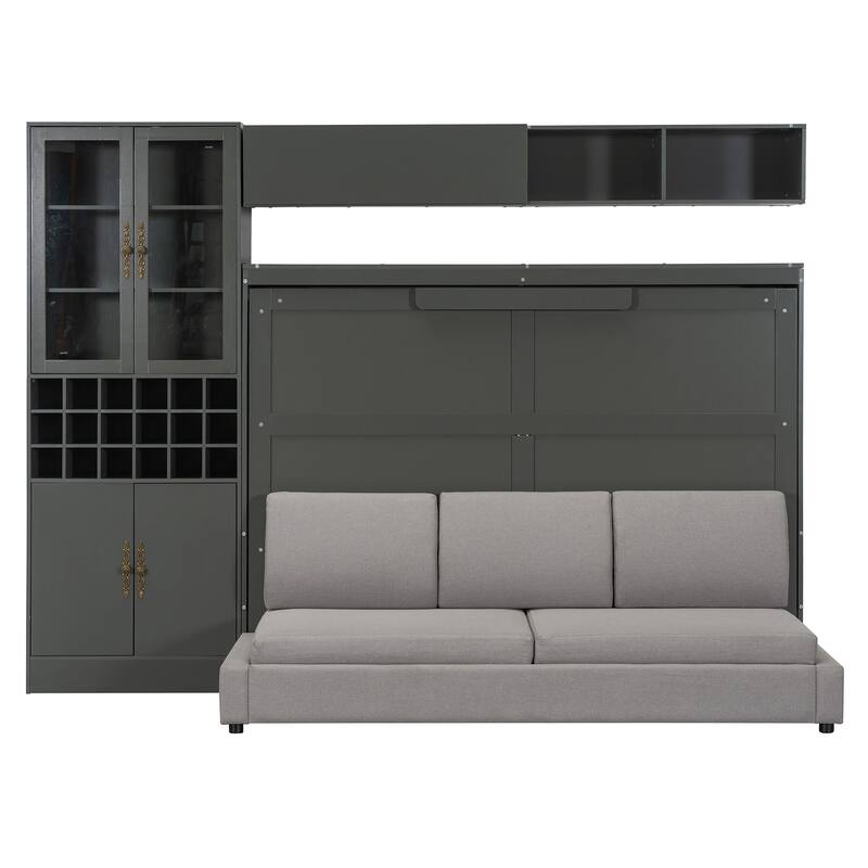 Multifunctional Full Size Murphy Bed Storage Wall Bed with Sofa, USB, Glass Door Cabinet, Wine Rack and Shelves, Foldable Design