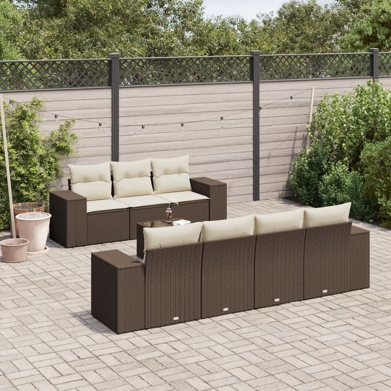 vidaXL Patio Sofa Set with Cushions Outdoor Furniture 8 Piece Poly Rattan - 21.7 x 24.4 x 27.2 - Brown and cream