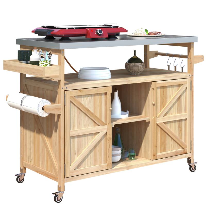 Outdoor Kitchen Island, Rolling Bar Cart & Storage Cabinet, Solid Wood Outdoor Grill Table with Stainless Steel Top