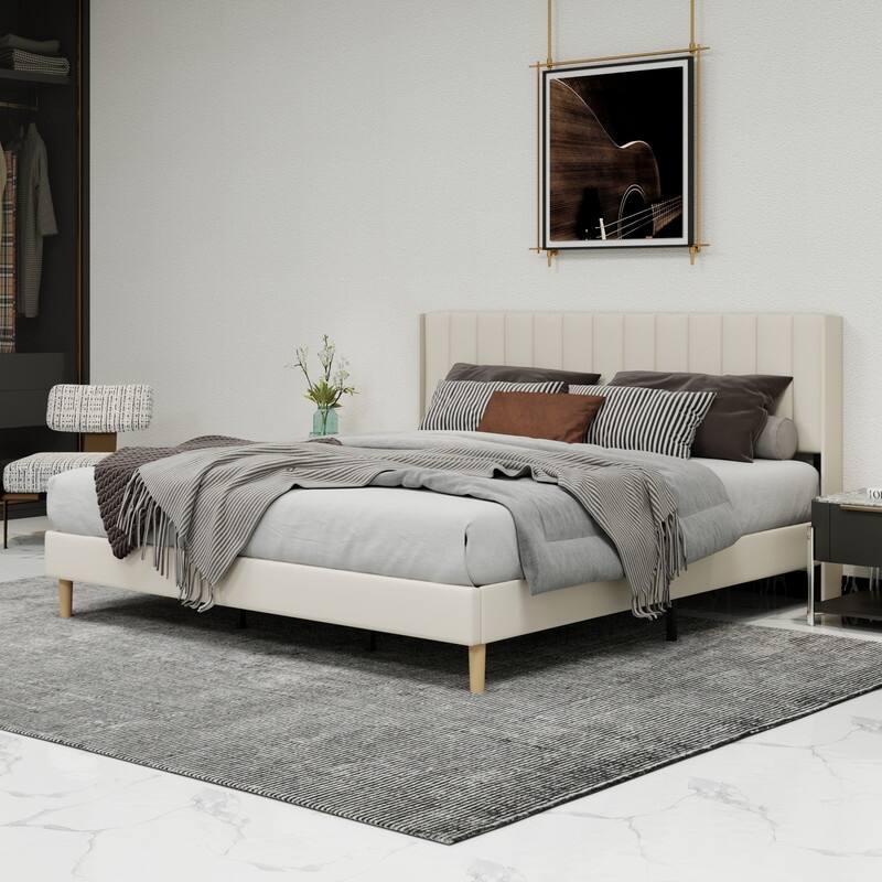 Caxkun Upholstered Platform Bed Frame with Wingback headboard - Beige - King