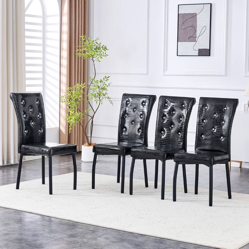 A set of 2 vintage crocodile leather cushioned dining chairs, featuring crystal clasp design and artificial leather design