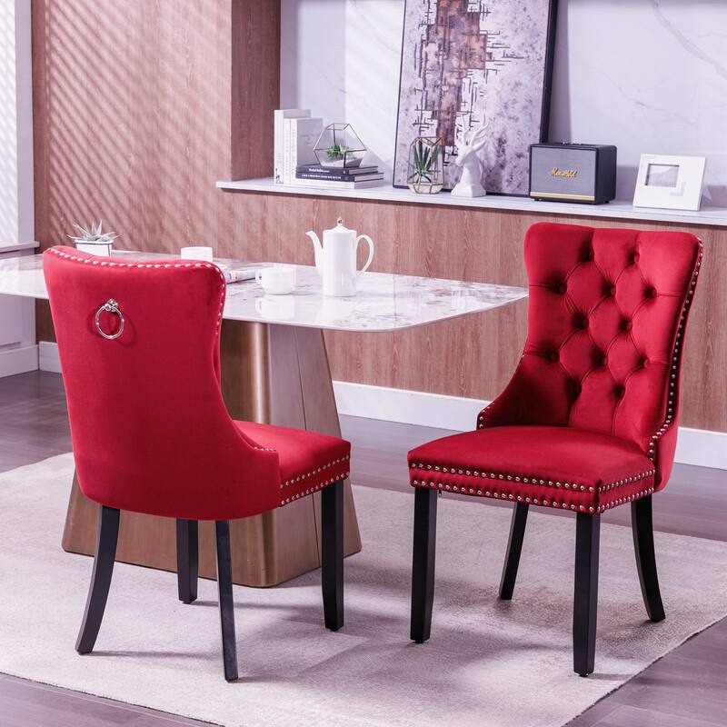 Set of 2 Velvet Tufted Upholstered Dining Chair with Wood Legs