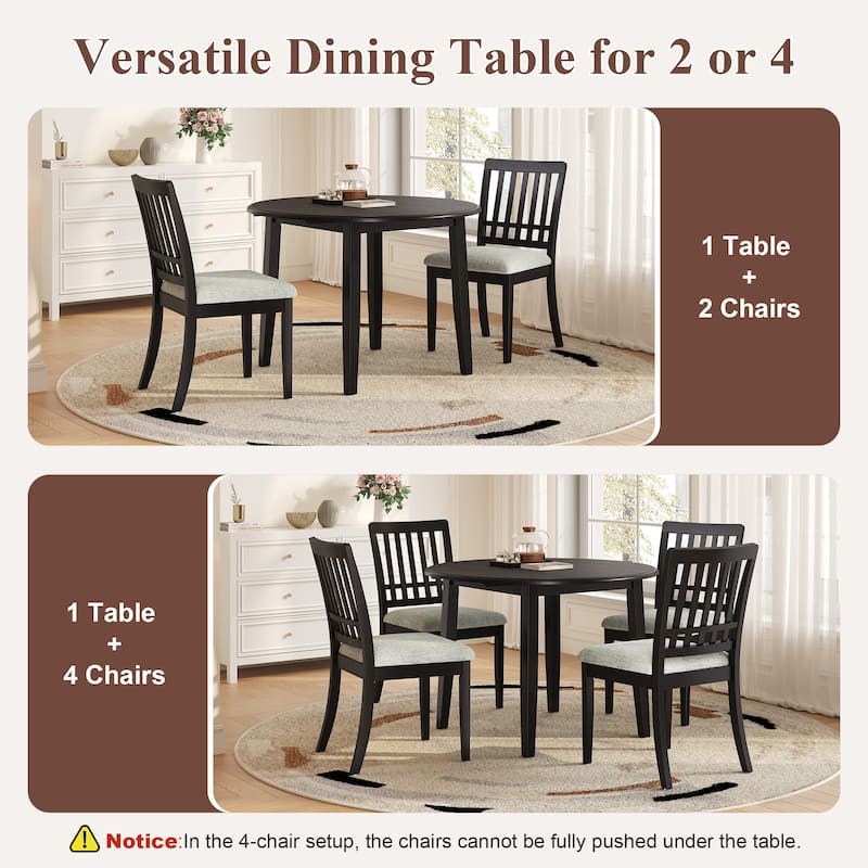 5-Piece Round Dining Table Set for 4 People, 1 Folding Wood Dining Table + 4 Upholstered Chairs, for Small Apartments