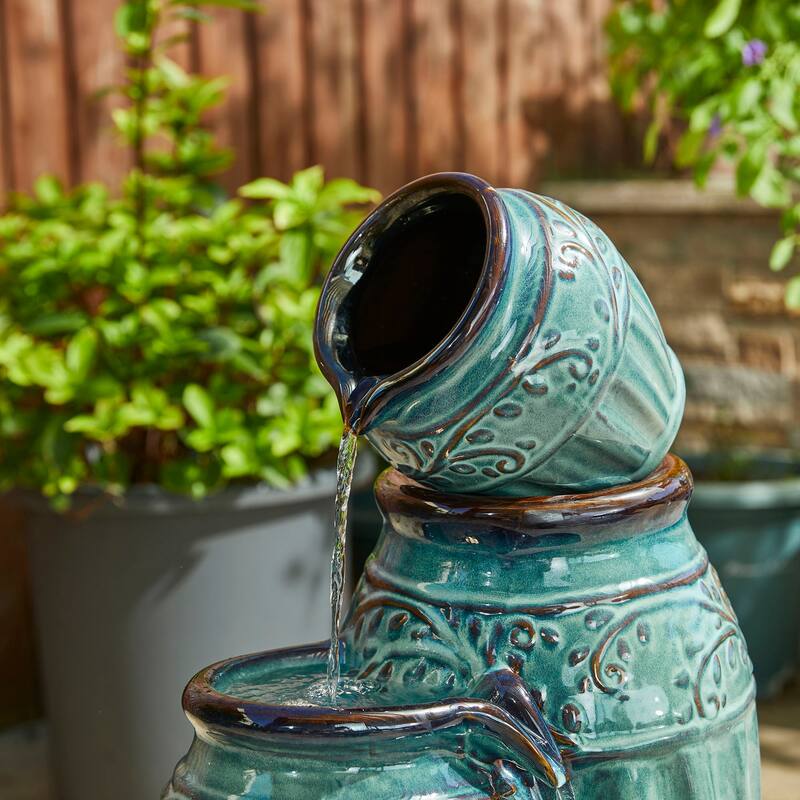 Glitzhome 27"H/35"H 4-Tier Embossed Pattern LED Ceramic Pots Fountain
