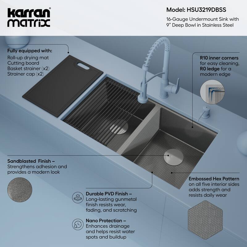 Matrix 32" Undermount Workstation 16 Gauge Double Bowl Stainless Steel Kitchen Sink with Accessories