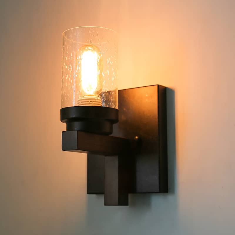 Rustic Farmhouse Wall Sconce - Seeded Glass, Wall Mount Lighting Fixture - 5 x 6.7 x 11 inches - Black