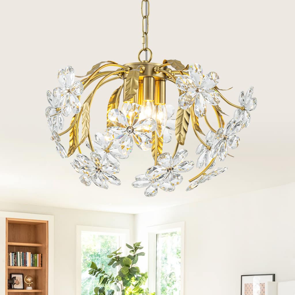 Brushed Gold 4-Light Branch Chandelier with Crystal Floral Accents - Dia.17.72-in