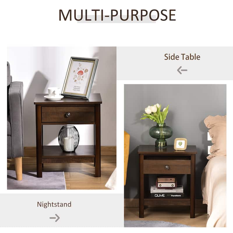 HOMCOM Bedside Night Stand with Drawer, Top and Bottom Shelf for Small Spaces, Dark Brown
