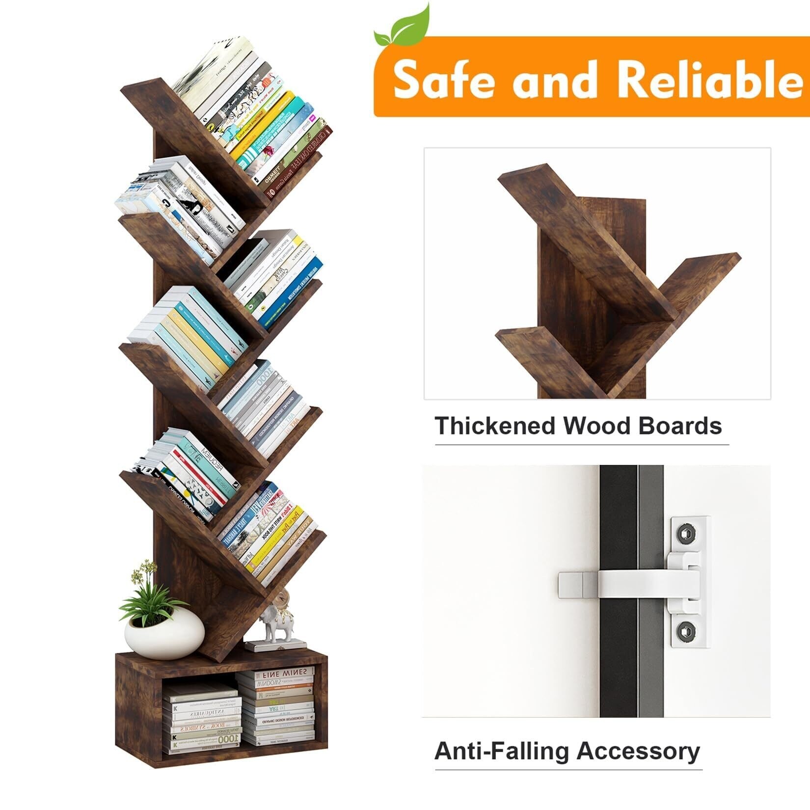 8 Tier Tree Wooden Tall Book Shelf,Bookshelf with Storage