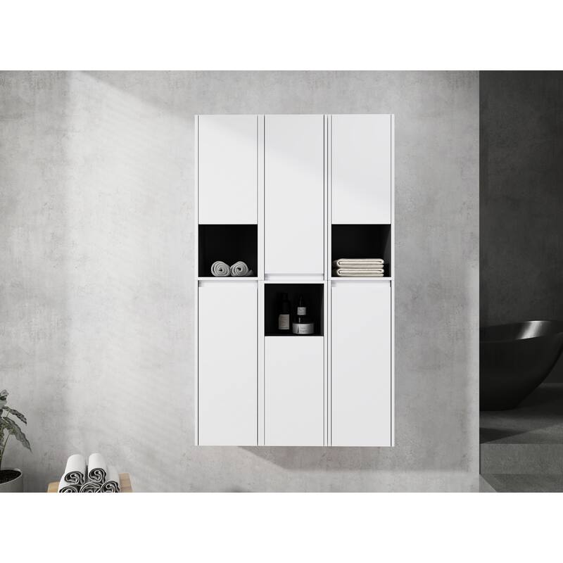 Modern Wall-Mounted Bathroom Side Cabinet with Soft-Close Doors, Floating Design, 6 Storage Compartments, 12-Inch Width