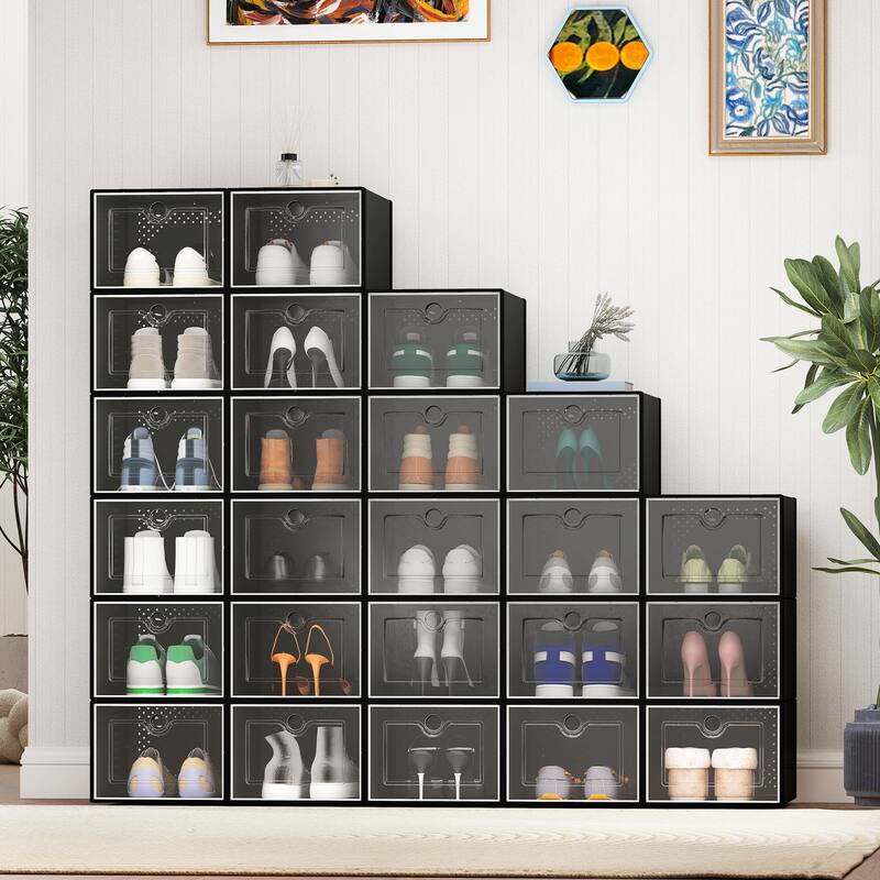 Moasis Shoe Organizer Box, 12/18/24 PCS Medium/ Large Shoe Storage Stackable Shoe Box Rack Containers Drawers