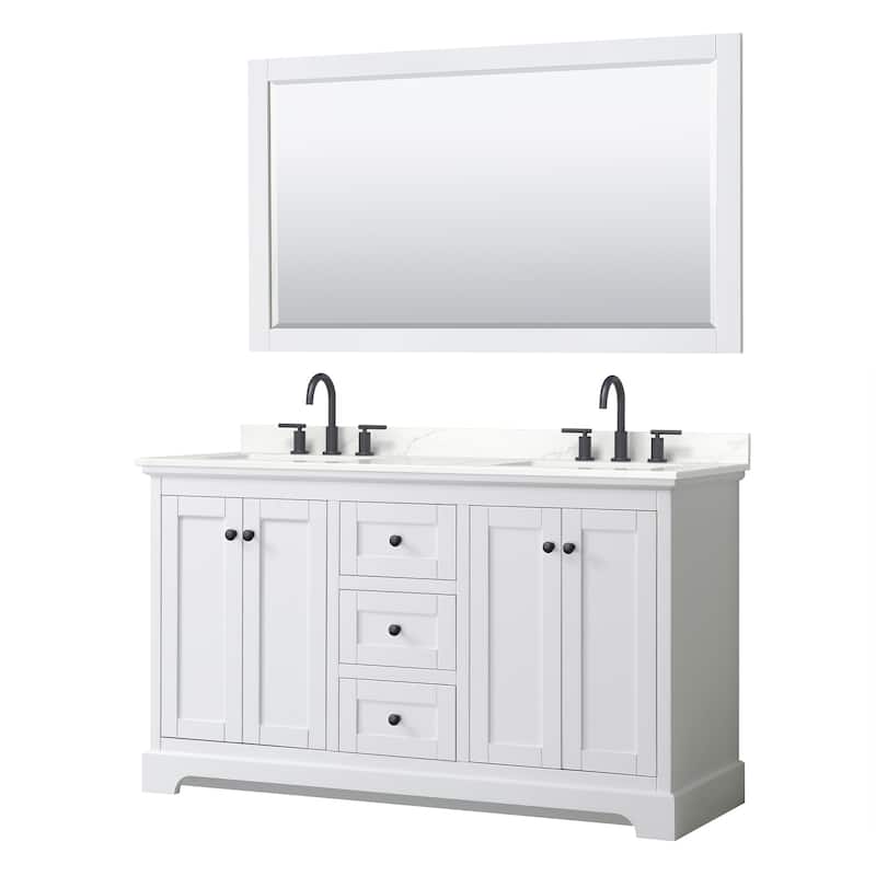 Avery 60-inch Double Vanity, Quartz Top, 58-inch Mirror - White, Black Trim, Giotto Quartz Top
