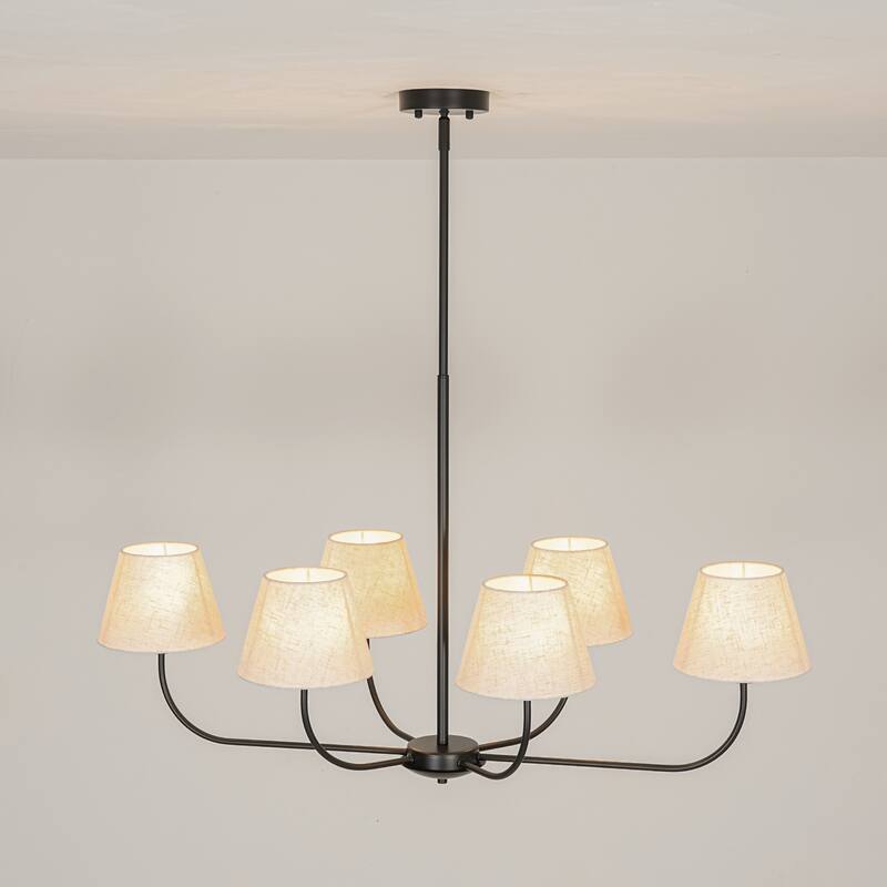 39.37 in. 6-Light Modern Farmhouse Sputnik Black Linear Chandelier with Linen Fabric Shades