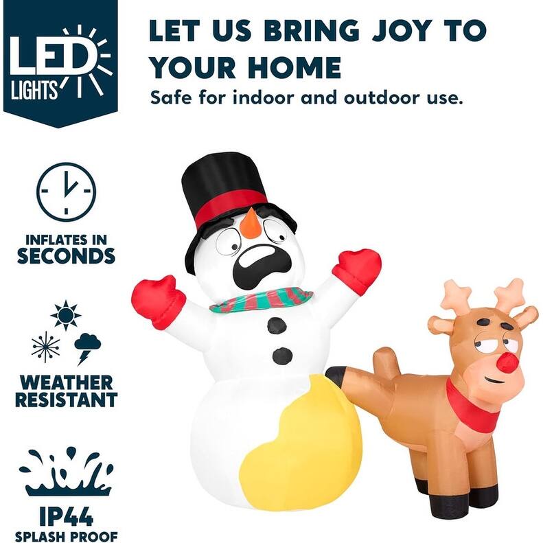 6.6 FT Long Christmas Inflatable Reindeer Peeing on Snowman, Blow Up Inflatables with Build-in LEDs - Multicolor