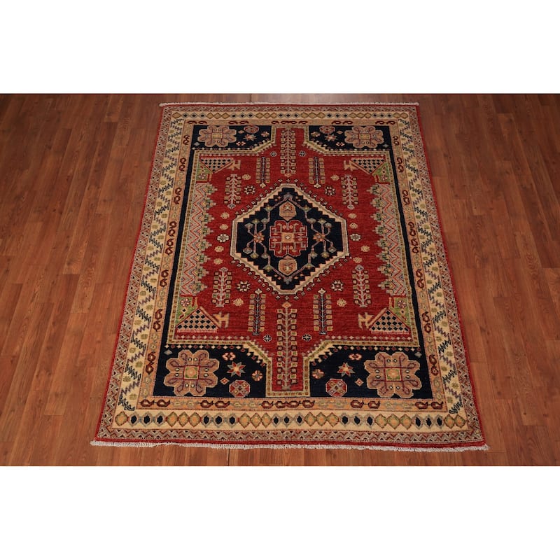Vegetable Dye Geometric Heriz Oriental Rug Hand-Knotted Wool Carpet - 4'10" x 6'2"