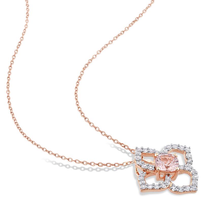Miadora Cushion Morganite and White Topaz Quatrefoil Floral Necklace in Rose Plated Sterling Silver