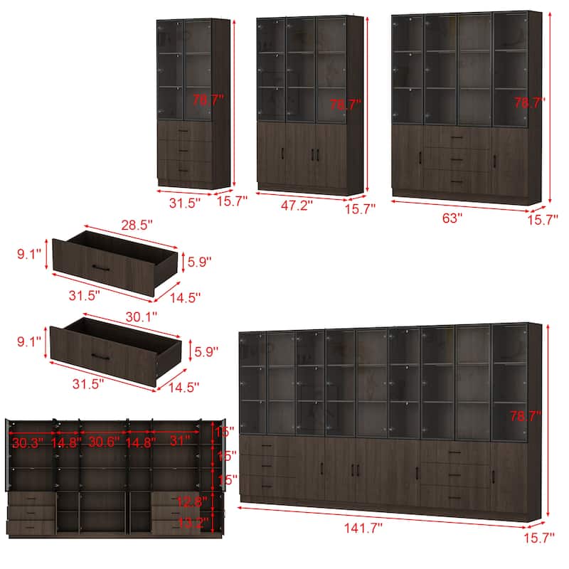 Bookshelves Bookcase Modular Glass Display Cabinet with LED Lights, Dark Wood Storage Combination Cabinet System