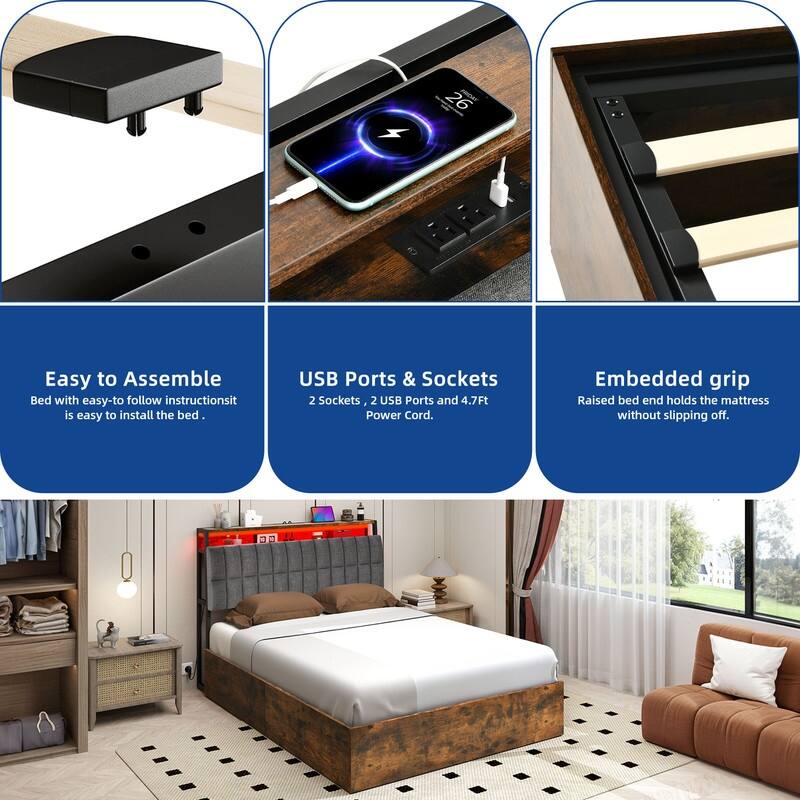 Moasis Lift-Up Storage Bed Frame with Charging Station & Storage Headboard