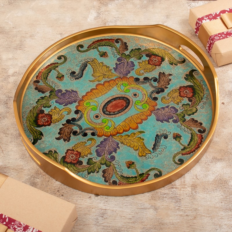 Novica Handmade Baroque Reef Reverse-Painted Glass Tray